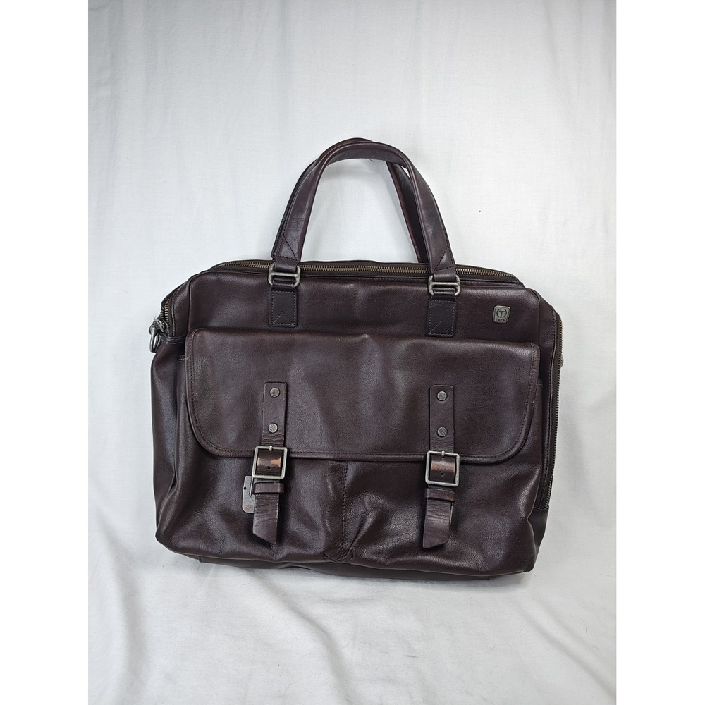 Tumi T-Tech Brown Leather Briefcase Laptop Bag Messenger Missing Buckle READ!!